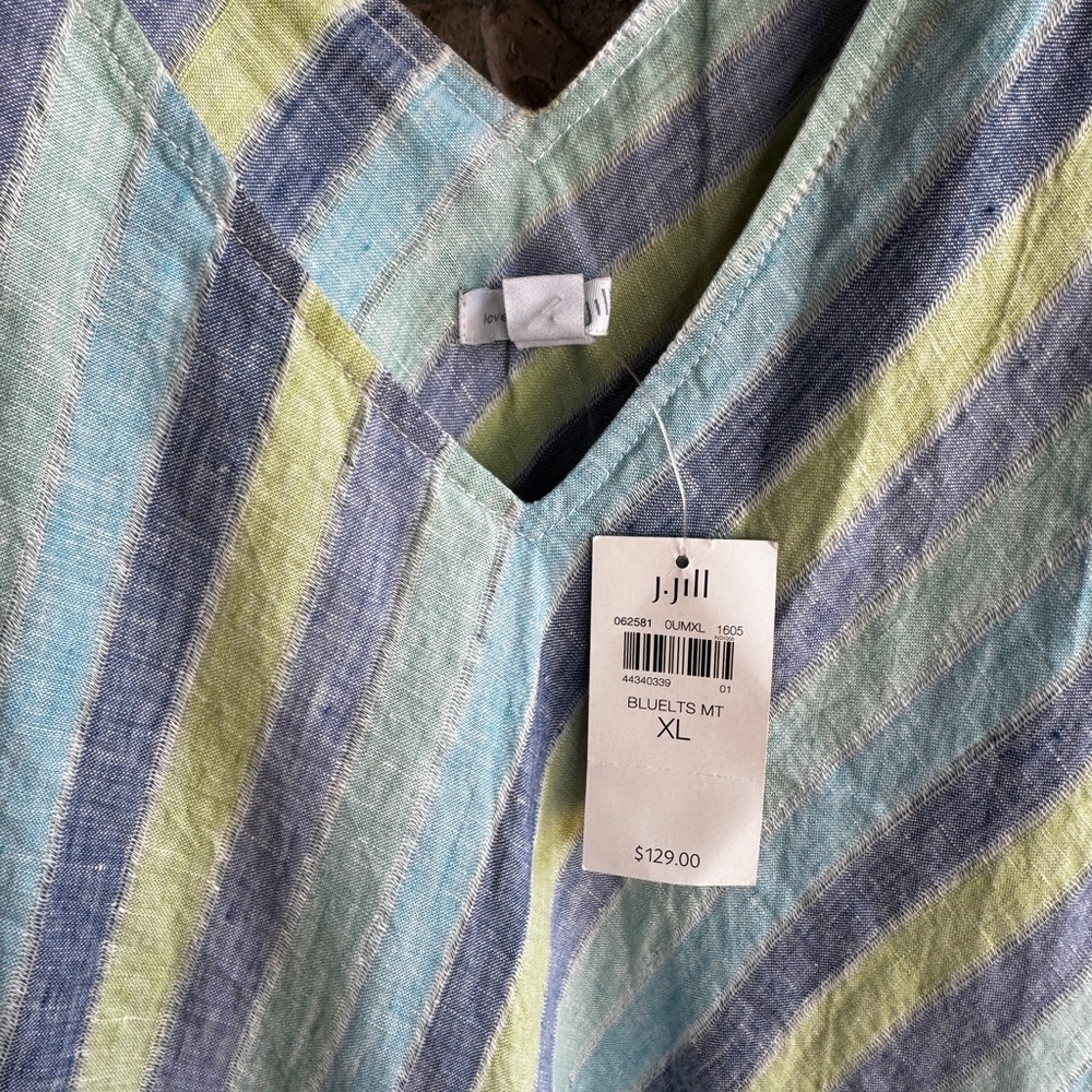 J Jill Love Linen Lotus Maxi Dress size XL Striped Blue Green Lined - Picture 6 of 16